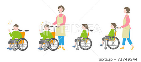 車椅子に乗る女の子のセットのイラスト素材