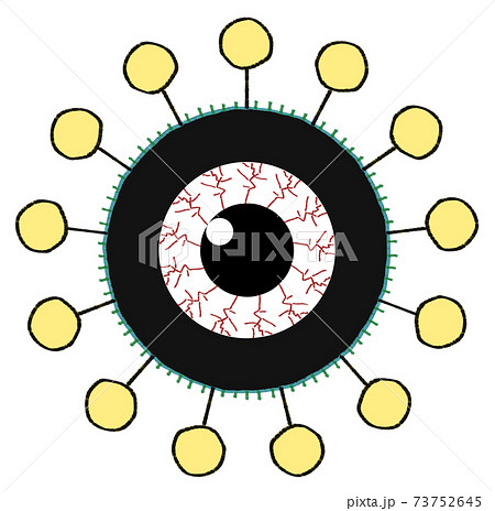 黄色い丸状の突起と充血した目玉のウイルスや病原体のイメージ素材のイラスト素材