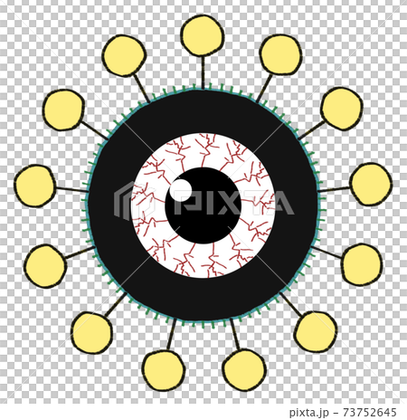 黄色い丸状の突起と充血した目玉のウイルスや病原体のイメージ素材のイラスト素材