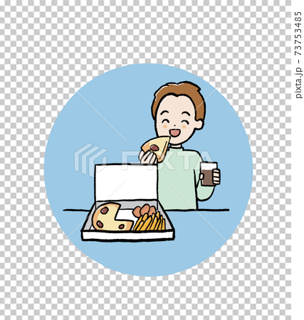 一人前のピザセットを自宅で食べる男性のイラストのイラスト素材