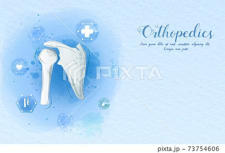 Medical orthopedic watercolor background. Treatment for orthopedics traumatology of shoulder bones and joints injury. Medical presentation, hospital. Vector illustration 73754606