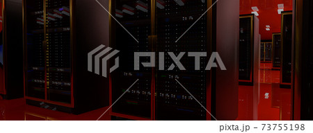 Server room data center. Backup, mining, hosting, mainframe, farm and computer rack with storage information. 3d render Server room data center. Backup, mining, hosting, mainframe, farm and computer rack with storage information. 3d render 73755198