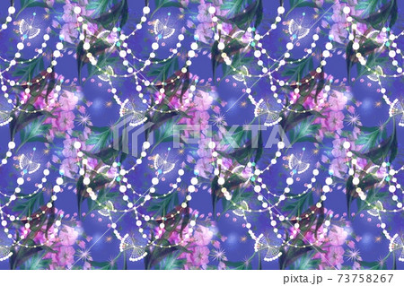 ピンク色のストックフラワーブーケとレースと真珠の首飾りのパターンイラスト 73758267