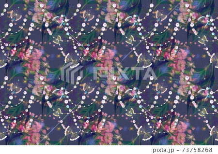 ピンク色のストックフラワーブーケとレースと真珠の首飾りのパターンイラスト 73758268