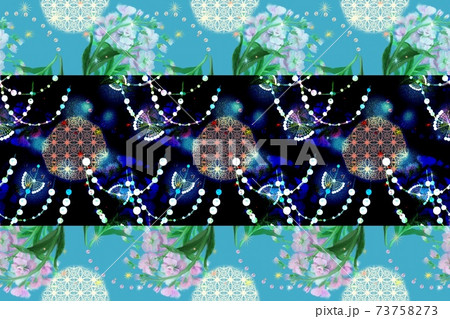 ピンク色のストックフラワーブーケとレースと真珠の首飾りのパターンイラスト 73758273