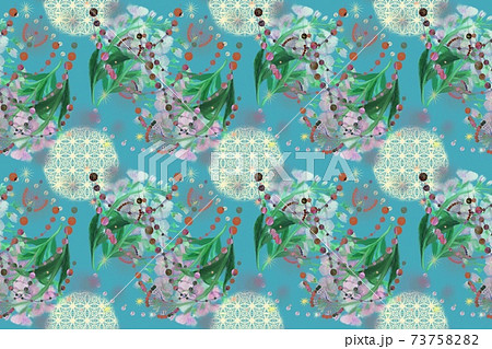 ピンク色のストックフラワーブーケとレースと真珠の首飾りのパターンイラスト 73758282