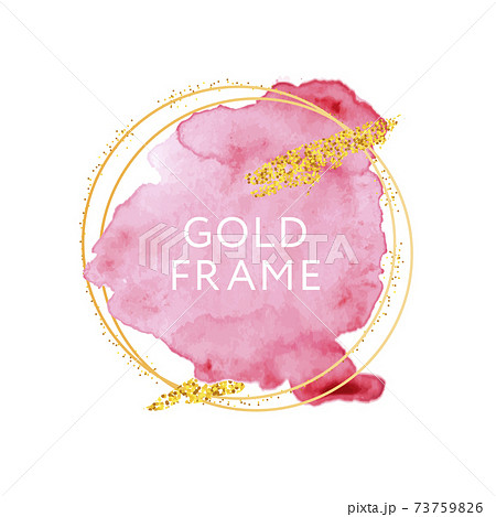 Pink and nude brush strokes and gold frame. Abstract vector watercolor background. 73759826