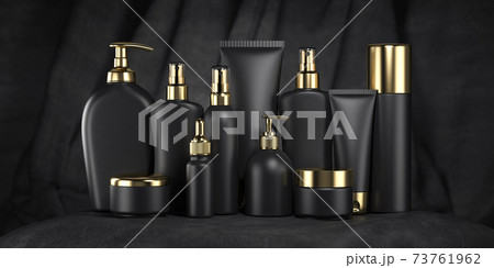 Luxury cosmetic products in black and gold package, tubes and bottles on black velvet background. 3d illustration Luxury cosmetic products in black and gold package, tubes and bottles on black velvet background. 3d illustration 73761962