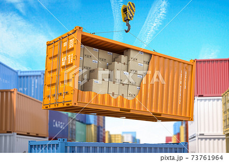 Cargo, shipment, delivery, logistics and freight transportation service. Cross section of container with cardboard boxes loading by crane in warehouse. 3d illustration Cargo, shipment, delivery, logistics and freight transportation service. Cross section of container with cardboard boxes loading by crane in warehouse. 3d illustration 73761964