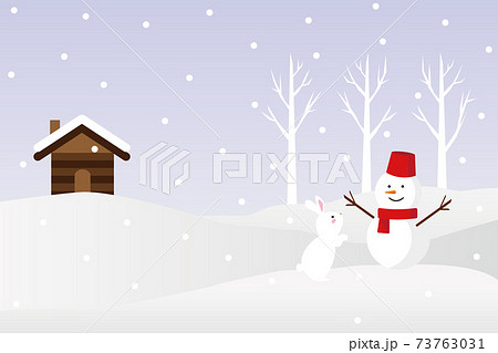 雪だるまと家と深々と降る雪 冬の雪景色のイラスト のイラスト素材