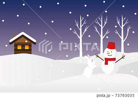 雪だるまと家と深々と降る雪 冬の雪景色のイラスト のイラスト素材