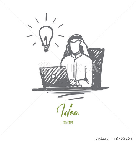 Businessman, muslim, arab, islam, idea, brainstorming concept. Hand drawn isolated vector. 73765255