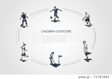 Children outdoors - children playing football, soccer, golf, badminton and roller-skating vector concept set 73765984