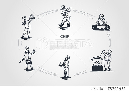 Chef - men and women in special uniform cooking, serving and presenting food vector concept set 73765985