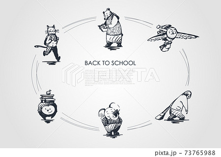 Back to school - cat with satchel, bear with book, bird with bag, panda with schoolbag, hedgehod with heap of books and reading elephant vector concept set 73765988