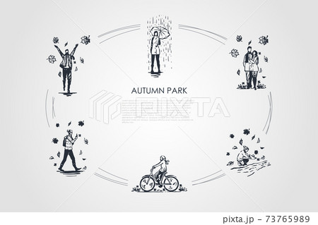 Autumn park - walking in rain with umbrella, enjoying leaf fall, riding bicycles, making photoes of fallen leaves, making paper boats vector concept set 73765989