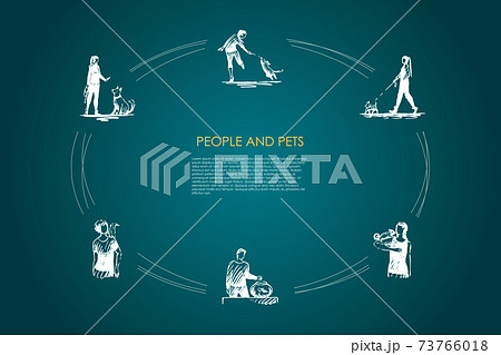 People and pets - people with their dogs, parrot, fish and lizzard vector concept set People and pets - people with their dogs, parrot, fish and lizzard vector concept set 73766018