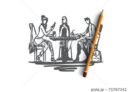 Lunch, food, dinner, meal, people concept. Hand drawn isolated vector. 73767342