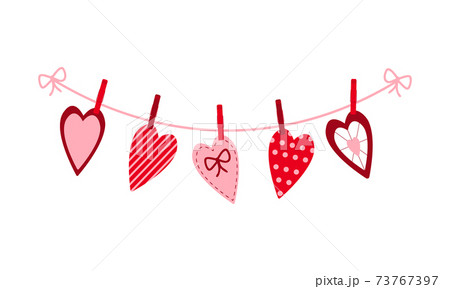 Various Valentine hearts hanging on the rope on the clothespins. Decorating for greeting cards, banners. Vector flat illustration Various Valentine hearts hanging on the rope on the clothespins. Decorating for greeting cards, banners. Vector flat illustration 73767397