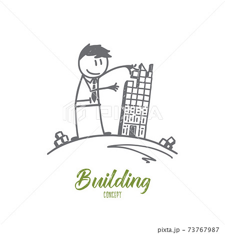 Hand drawn man forming building from cubes 73767987