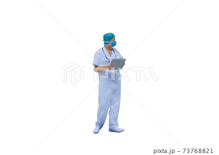 Doctors with protective suits and masks on white background Doctors with protective suits and masks on white background 73768821