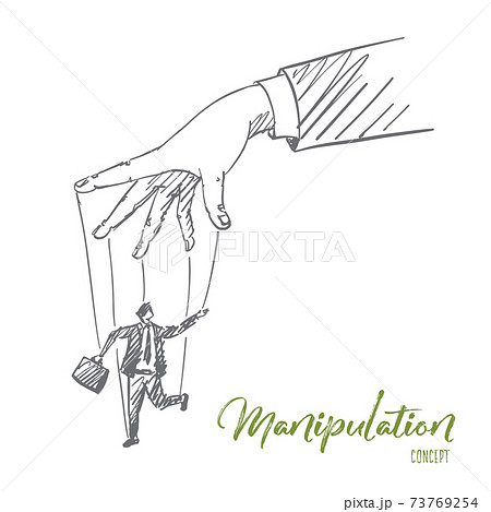 Hand drawn human arm playing with man as puppet Hand drawn human arm playing with man as puppet 73769254