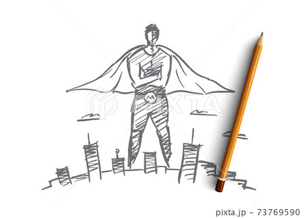 Hand drawn hero man over big city 73769590