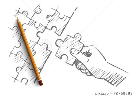 Hand drawn human arm completing puzzle Hand drawn human arm completing puzzle 73769595