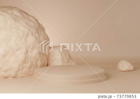 3D of Circle podium brown pastel color with Rock. Mock-up showcase for product branding banner and cosmetics product. Product presentation minimal. 3D of Circle podium brown pastel color with Rock. Mock-up showcase for product branding banner and cosmetics product. Product presentation minimal. 73770653
