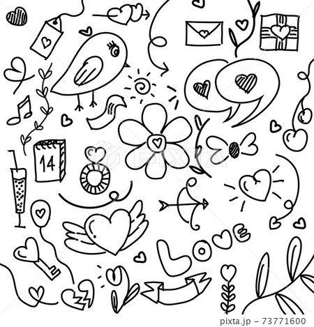 Set of hand drawn elements doodle black lines valentine's day, wedding, love and romantic events hearts isolated on white background. 73771600