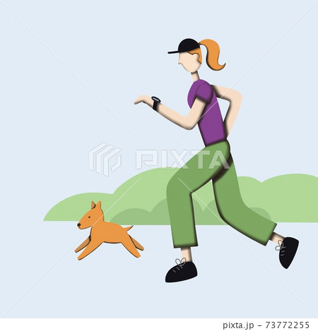 a girl jogging with her pet dog. sporty girl running outdoors  73772255