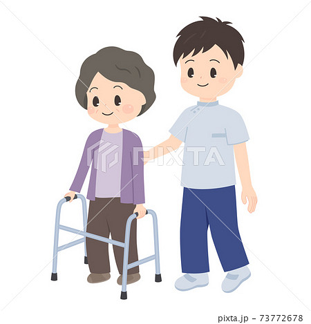 リハビリをするおばあちゃんのイラスト 歩行器のイラスト素材