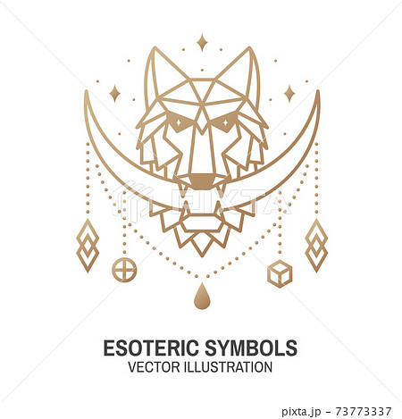 Esoteric symbols. Vector. Thin line geometric badge. Outline icon for alchemy or sacred geometry. Mystic and magic design with moon in the mouth of a wolf 73773337
