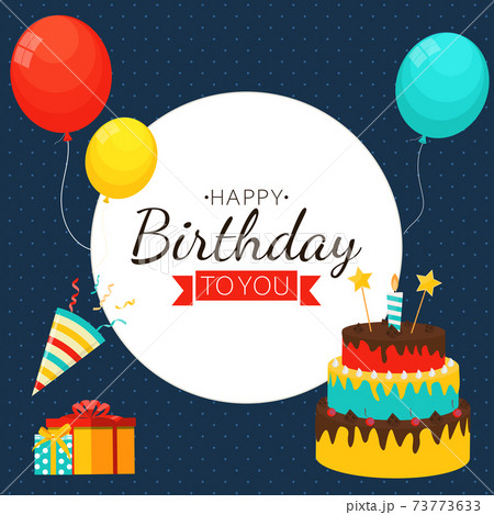 Cute Happy Birthday Background with Gift Box, Cake and Candles. Design Element for Party Invitation, Congratulation. Vector Illustration EPS10 Cute Happy Birthday Background with Gift Box, Cake and Candles. Design Element for Party Invitation, Congratulation. Vector Illustration EPS10 73773633