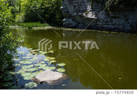 Buky Canyon summer landscape, Hirskyi Tikych river, Cherkasy Region, Ukraine. 73774920