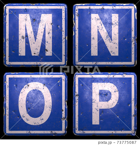 Set of public road sign in blue color with a capital white letters M, N, O, P in the center isolated of black background. 3d Set of public road sign in blue color with a capital white letters M, N, O, P in the center isolated of black background. 3d 73775087