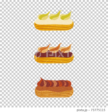3 types of mini eclairs_pistachio_chocolate_mocha_hand-painted_colored pencil touch_vector illustration 3 types of mini eclairs_pistachio_chocolate_mocha_hand-painted_colored pencil touch_vector illustration 73775115