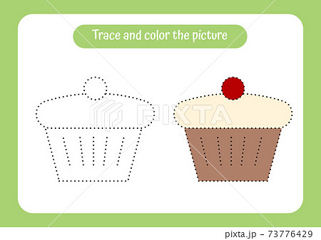 Cake. Trace and color the picture. Educational game for children. Handwriting and drawing practice. Food theme activity for toddlers, kids. 73776429