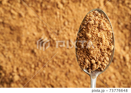 Panela or rapadura - healthy sweetener made by evaporating sugercane juice, on a metal spoon with copy space Panela or rapadura - healthy sweetener made by evaporating sugercane juice, on a metal spoon with copy space 73776648