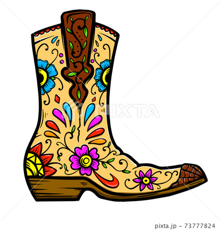 Cowboy boot with floral pattern. Design element for poster, t shirt, emblem, sign. 73777824