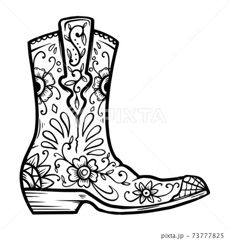 Cowboy boot with floral pattern. Design element for poster, t shirt, emblem, sign. 73777825