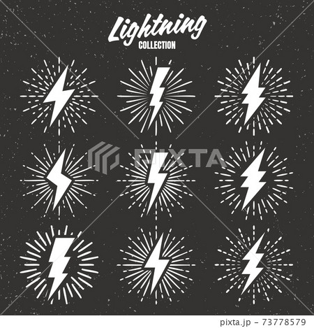 Set of vintage lightning bolts and sunrays on grunge background. Lightnings with sunburst effect Set of vintage lightning bolts and sunrays on grunge background. Lightnings with sunburst effect 73778579