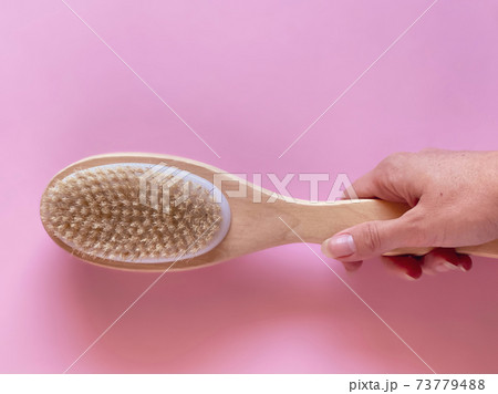 brush, dry, anti, cellulite, massage, massages, brushing, hand, woman, soft, pink, color, background, beauty, concept, health, big, handle, spa, body, care, skin, hygiene, female, wooden, scrub, 73779488