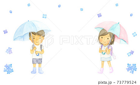傘をさしている通学中の子どもと雨とあじさい 水彩イラストのイラスト素材