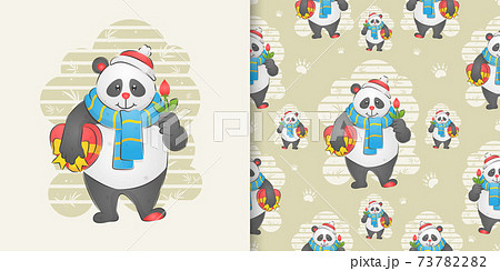 The panda holding the flower and holding a gift on the pattern set The panda holding the flower and holding a gift on the pattern set 73782282