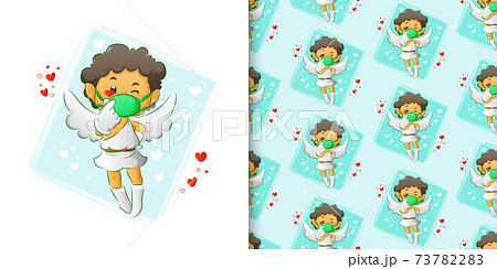 The water color illustration of the little cupid with the mask giving the love sign in the pattern set The water color illustration of the little cupid with the mask giving the love sign in the pattern set 73782283