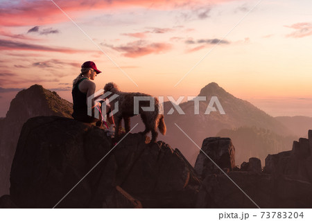 Adventurous Girl is hiking with a dog on top of Rocky Mountain 73783204