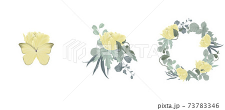 Floral bouquet composition set, yellow tulip flowers and leaves 73783346
