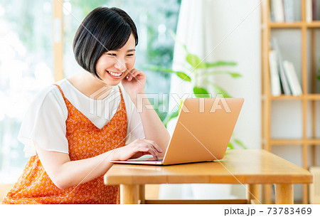 リビングでパソコンをする若い女性 73783469
