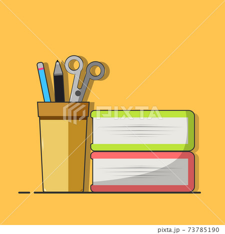Pencil holder, pen holder, wooden pencil and marker cup, books, stationery flat modern cartoon design isolated on cream background Pencil holder, pen holder, wooden pencil and marker cup, books, stationery flat modern cartoon design isolated on cream background 73785190